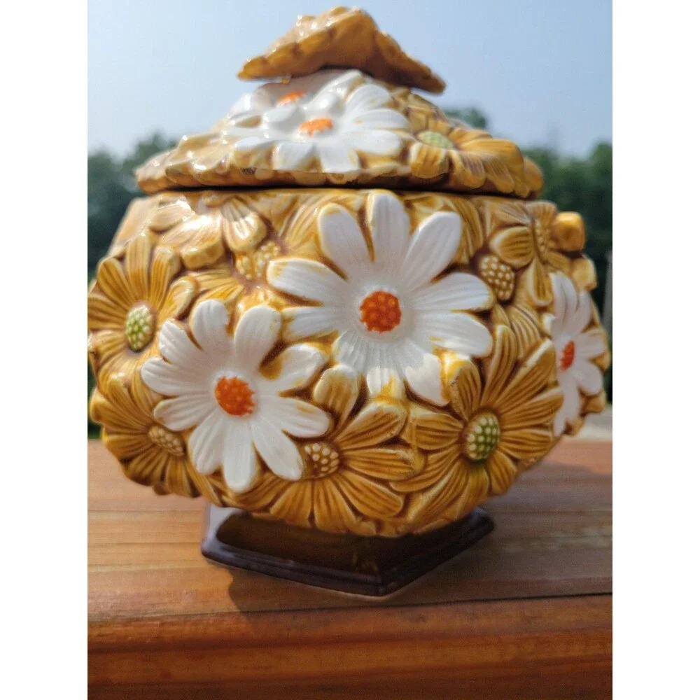 Vintage Fred Roberts Daisy Canister Coffee Cookie Jar Japan 1970s Flower Ceramic